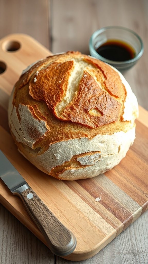A golden-brown crusted sourdough bread loaf on a wooden board with a knife and dipping oil.